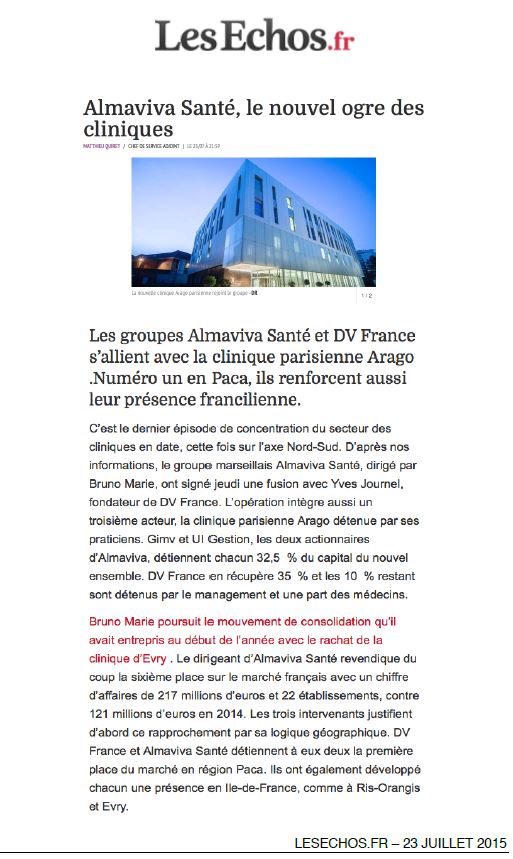 Almaviva Santé regroupe 22 cliniques avec deux autres acteurs