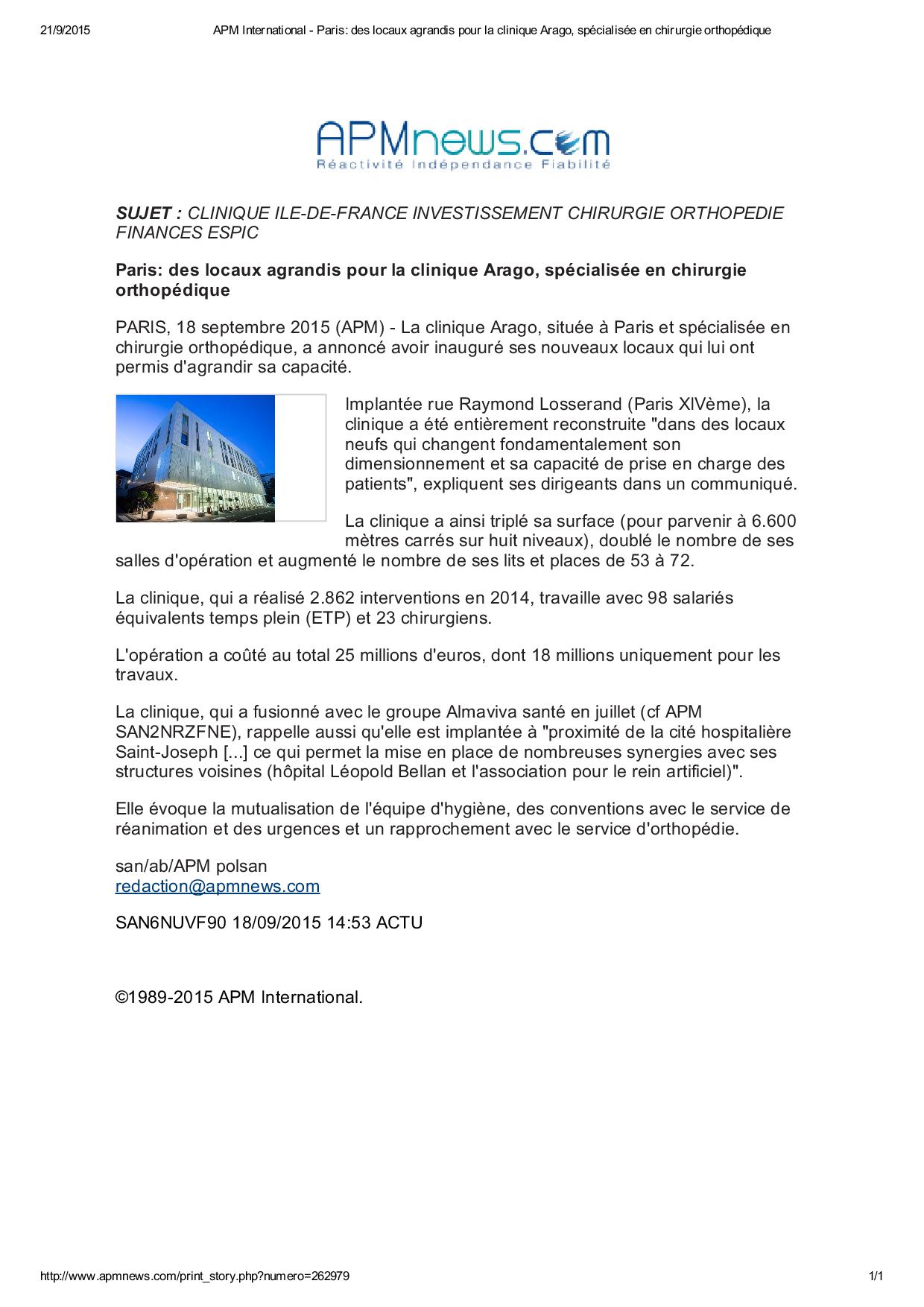 Paris: des locaux agrandis pour la clinique Arago, spécialisée en chirurgie orthopédique