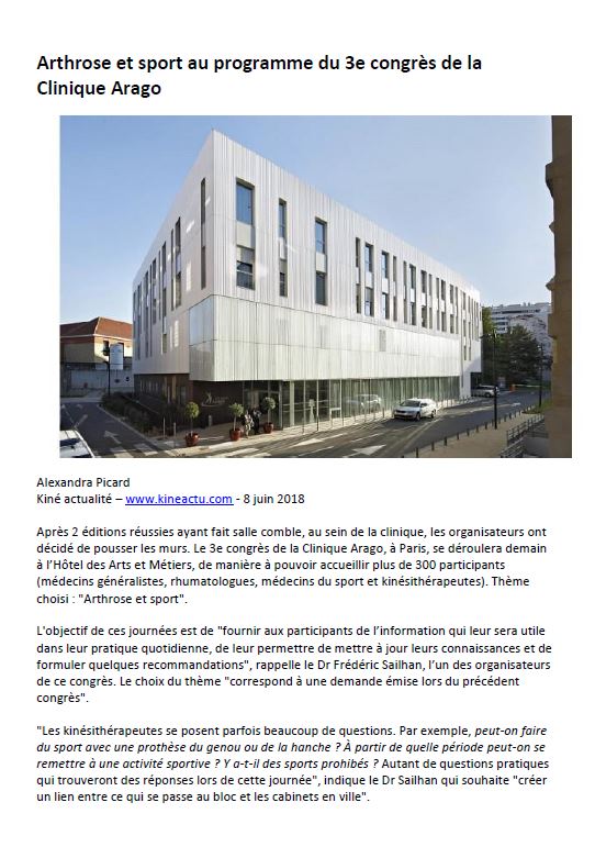 Arthrose et sport au programme du 3e congrès de la Clinique Arago