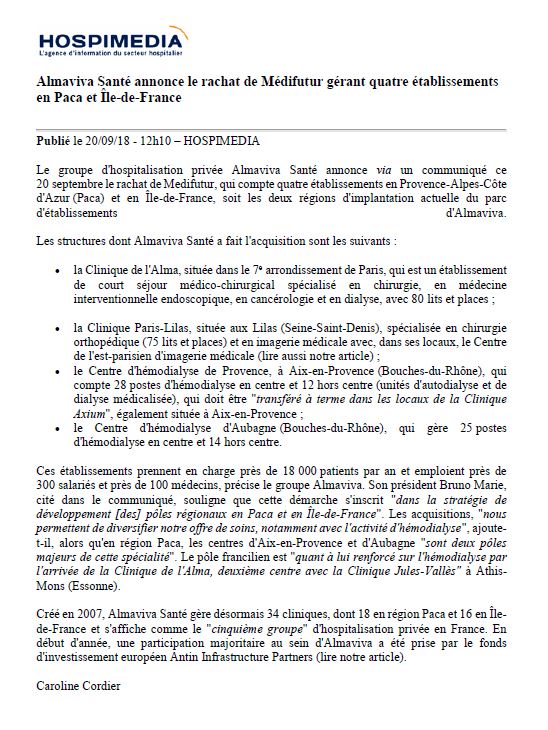Almaviva Santé annonce le rachat de Médifutur gérant quatre établissements en Paca et Île-de-France