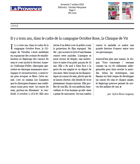 Il y a trois ans, dans le cadre de la campagne Octobre Rose, la Clinique de Vitrolles
