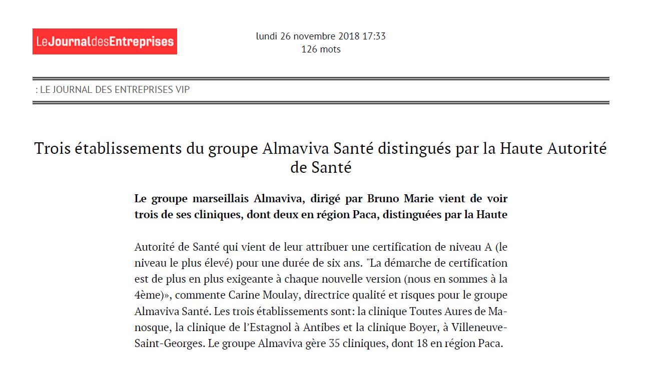 Trois établissements du groupe Almaviva Santé distingués par la Haute Autorité de Santé