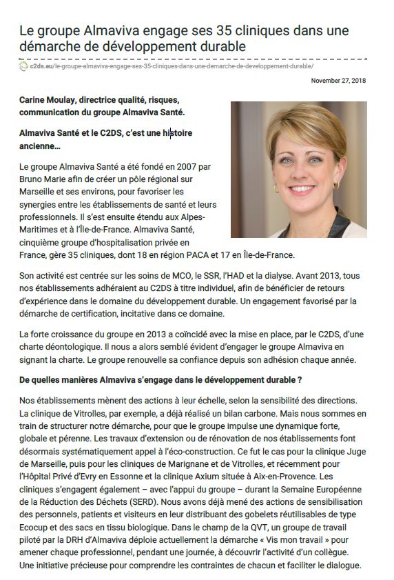 Le groupe Almaviva engage ses 35 cliniques dans une démarche de développement durable