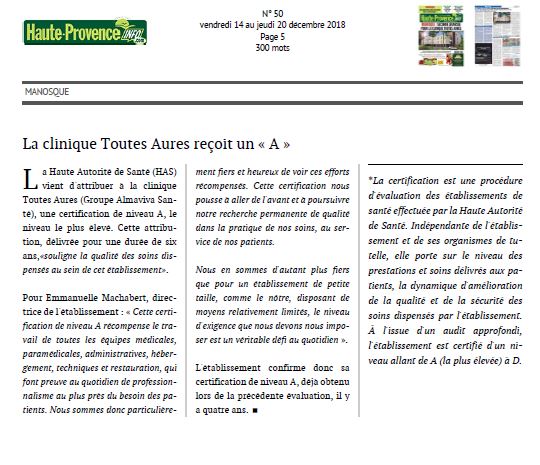 La Clinique Toutes Aures reçoit un "A"