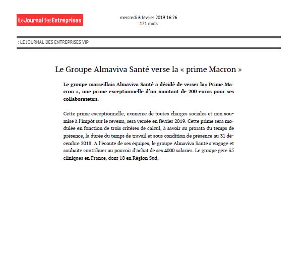 Le Groupe Almaviva Santé verse la "Prime Macron"