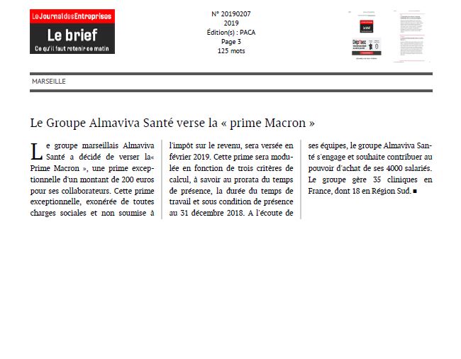 Le Groupe Almaviva Santé verse la "Prime Macron"
