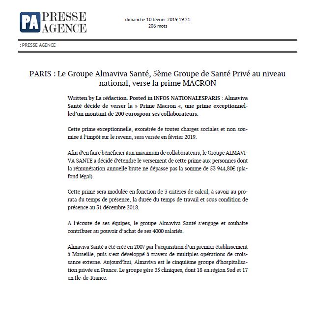 Le Groupe Almaviva Santé verse la prime Macron