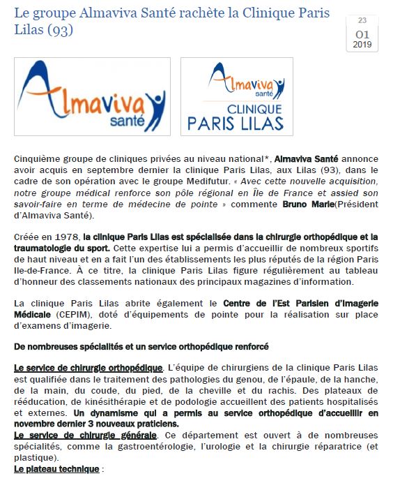 Le Groupe Almaviva Santé rachète la Clinique Paris Lilas