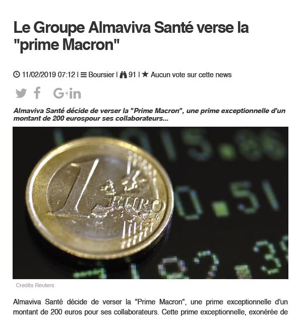 Le Groupe Almaviva Santé verse la prime Macron