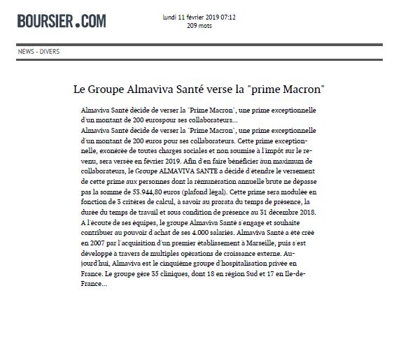 Le Groupe Almaviva Santé verse la prime Macron