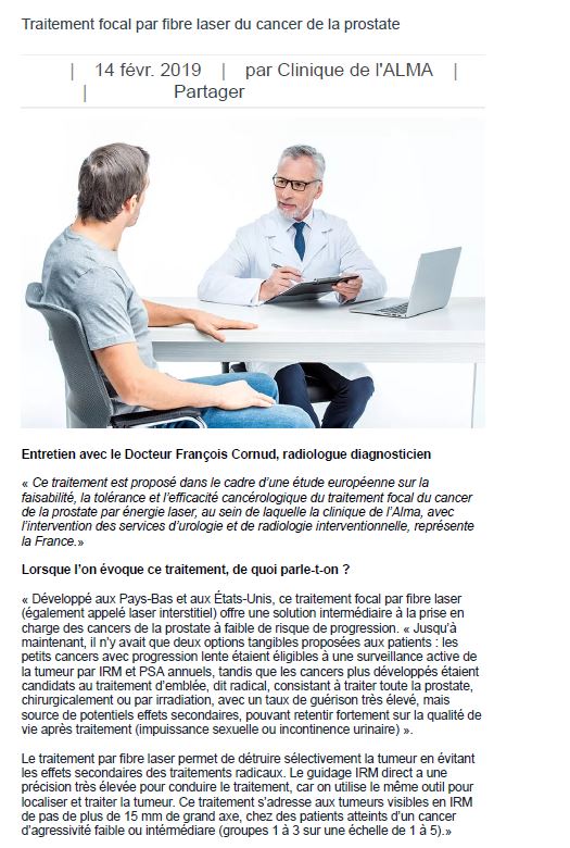 Traitement focal par fibre laser du cancer de la prostate Clinique de l'Alma