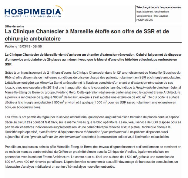 La Clinique Chantecler à Marseille étoffe son offre de SSR et de chirurgie ambulatoire