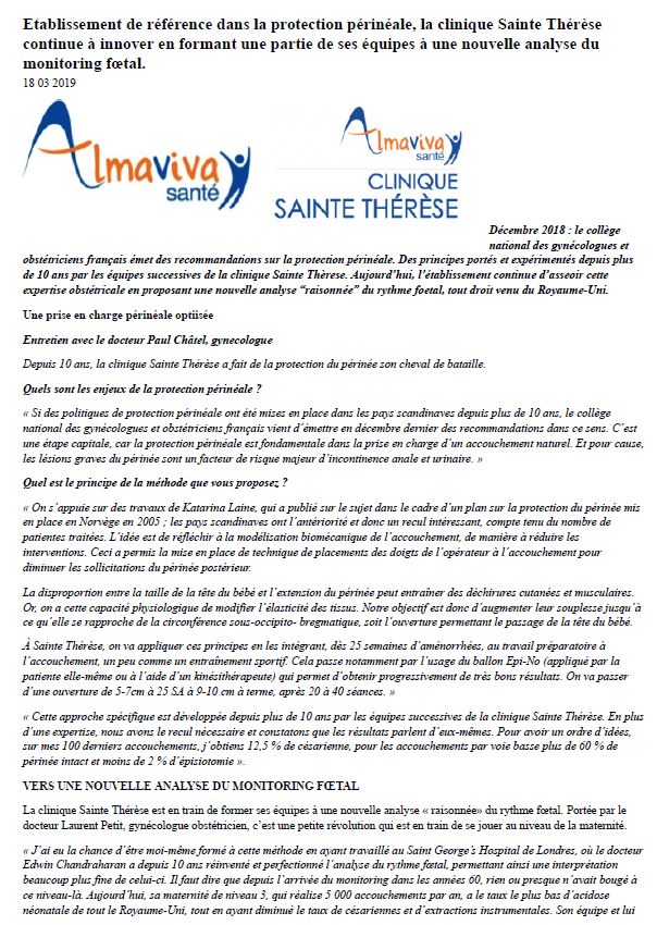 La clinique Sainte Thérèse continue à innover en formant une partie de ses équipes à une nouvelle analyse du monitoring foetal