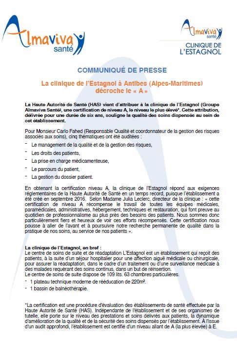 La clinique de l’Estagnol à Antibes (Alpes-Maritimes) décroche le « A »
