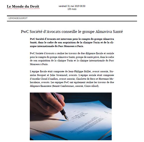 PwC Société d'Avocats conseille le groupe Almaviva Santé