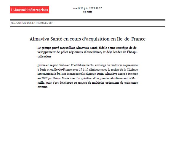 Almaviva Santé en cours d’acquisition en Ile-de-France