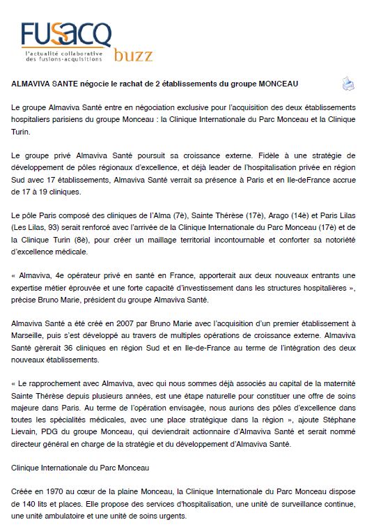 Almaviva Santé négocie le rachat de 2 établissements du groupe Monceau