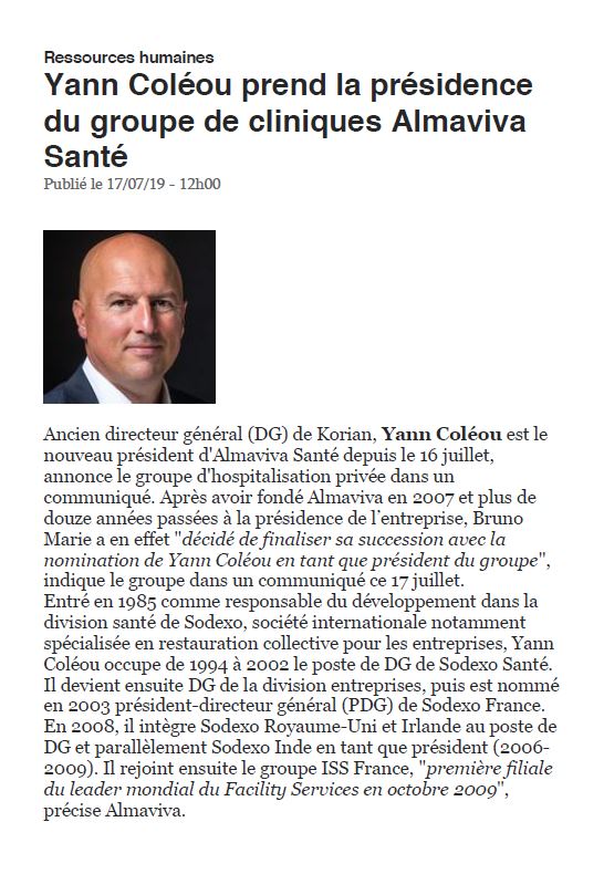 Yann Coléou prend la présidence du groupe de cliniques Almaviva Santé
