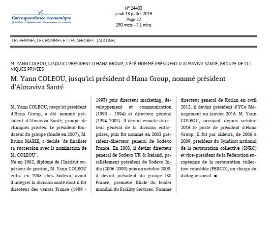 M. Yann Coléou, jusqu'ici président d'Hana Group, nommé président d'Almaviva Santé
