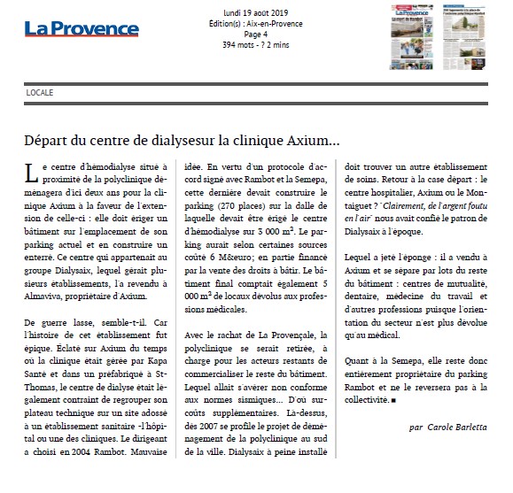 Départ du centre de dialyse sur la clinique Axium
