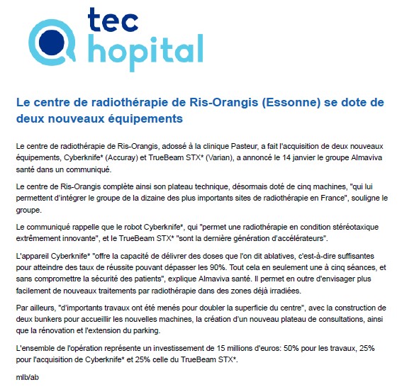Le centre de radiothérapie de Ris-Orangis (Essonne) se dote de deux nouveaux équipements