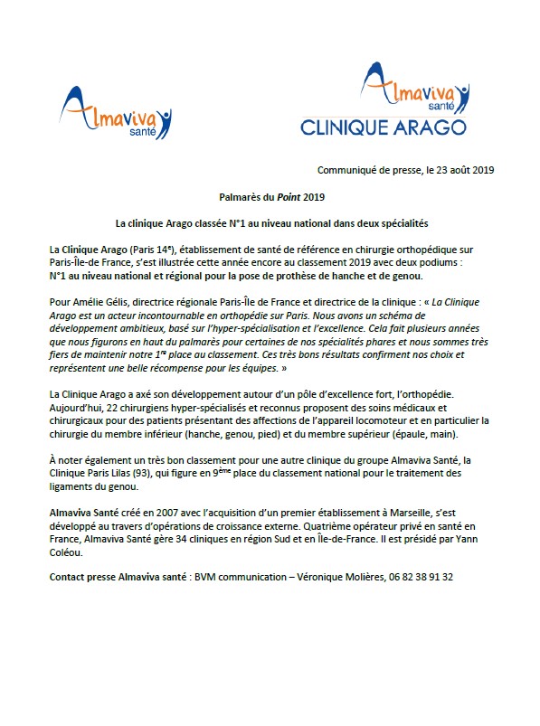La clinique Arago classée N°1 au niveau national dans deux spécialités