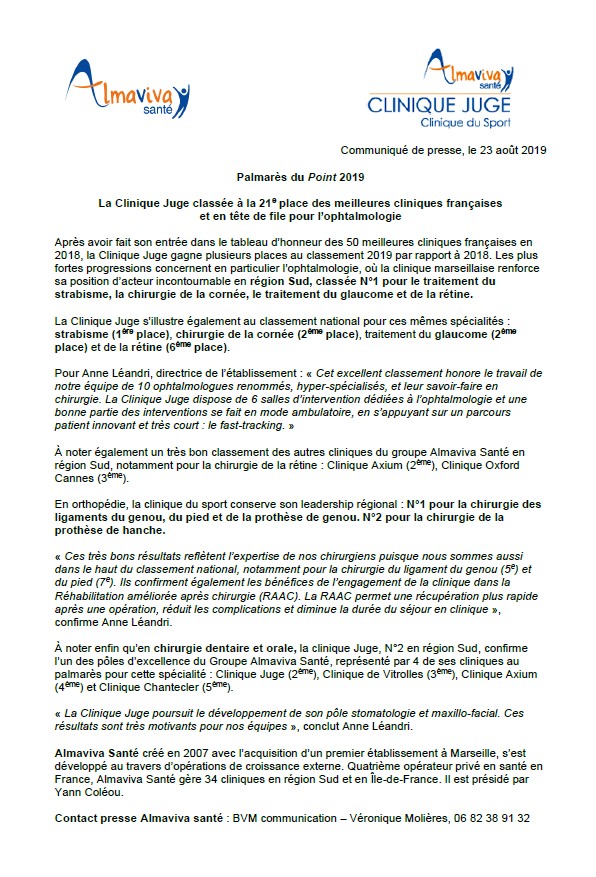 La Clinique Juge classée à la 21e place des meilleures cliniques françaises et en tête de file pour l’ophtalmologie
