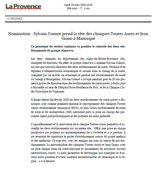 Nomination Sylvain Cuenot prend la tête des cliniques Toutes Aures et Jean Giono à Manosque