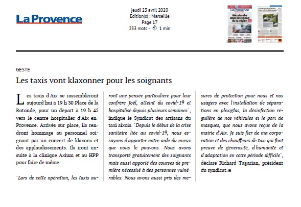 Les taxis vont klaxonner pour les soignants
