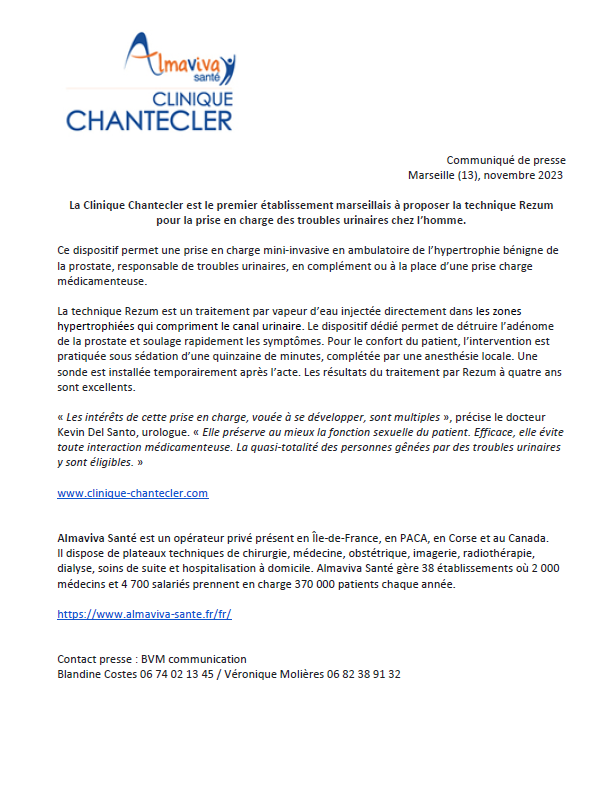 La Clinique Chantecler est le premier établissement marseillais à proposer la technique Rezum pour la prise en charge des troubles urinaires chez l’homme.