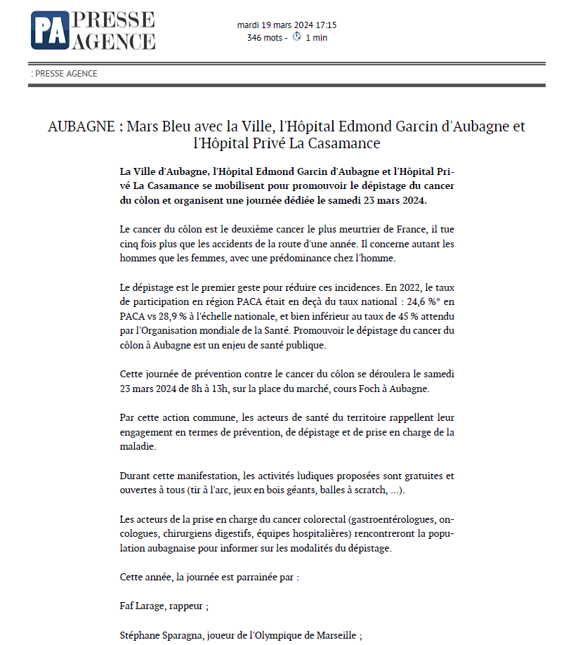 AUBAGNE : Mars Bleu avec la Ville, l'Hôpital Edmond Garcin d'Aubagne et l'Hôpital Privé La Casamance