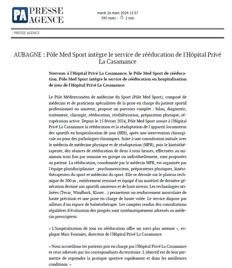 AUBAGNE : Pôle Med Sport intègre le service de rééducation de l'Hôpital Privé La Casamance