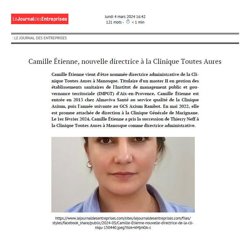 Camille Étienne, nouvelle directrice à la Clinique Toutes Aures