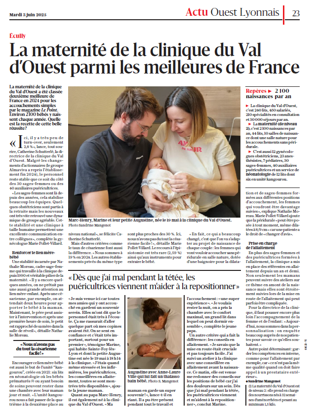 La maternité de la clinique du Val d’Ouest parmi les meilleures de France