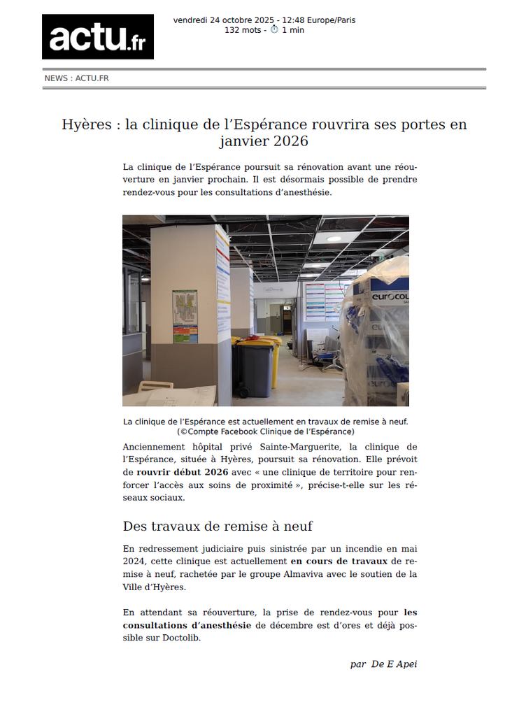 Hyères : la clinique de l’Espérance rouvrira ses portes en janvier 2026