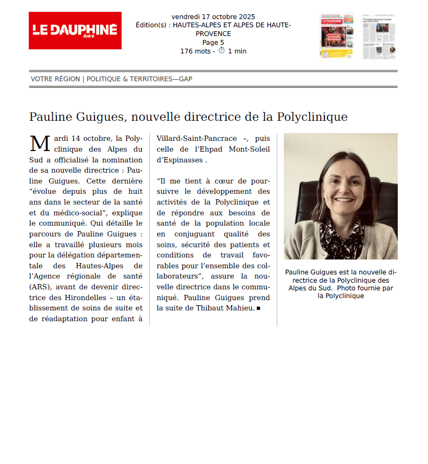 Pauline Guigues, nouvelle directrice de la Polyclinique
