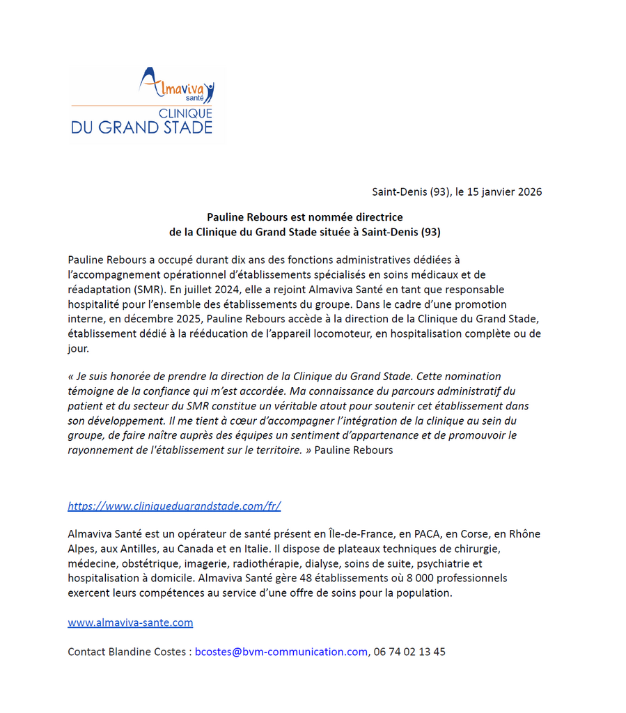 Pauline Rebours est nommée directrice de la Clinique du Grand Stade située à Saint-Denis (93)