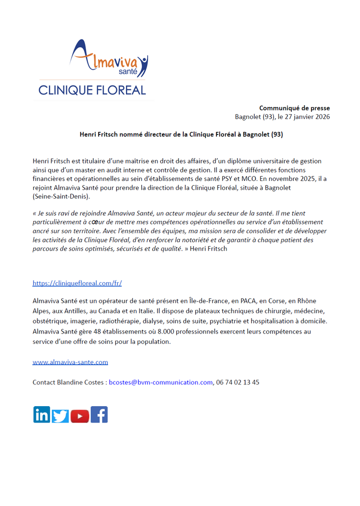 Henri Fritsch nommé directeur de la Clinique Floréal à Bagnolet (93)