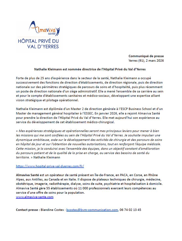 Nathalie Kleimann est nommée directrice de l’Hôpital Privé du Val d’Yerres