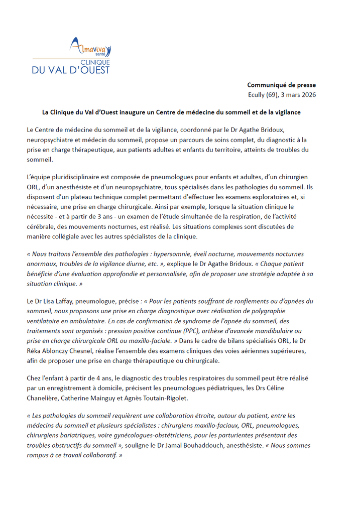 La Clinique du Val d’Ouest inaugure un Centre de médecine du sommeil et de la vigilance