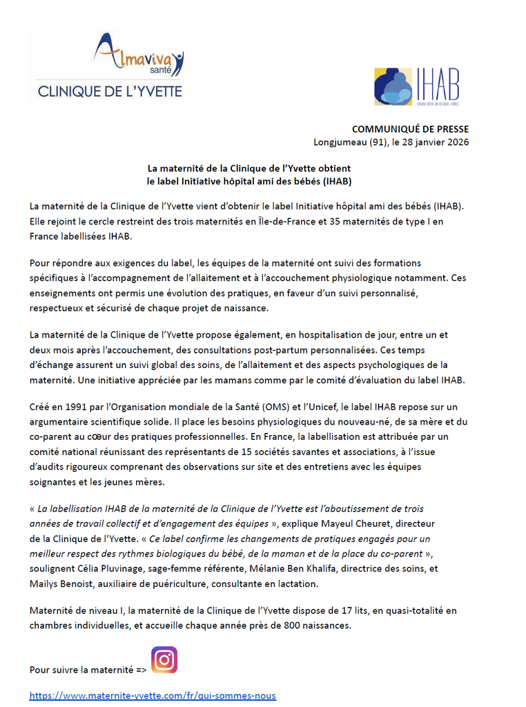 La maternité de la Clinique de l’Yvette obtient le label Initiative hôpital ami des bébés (IHAB)